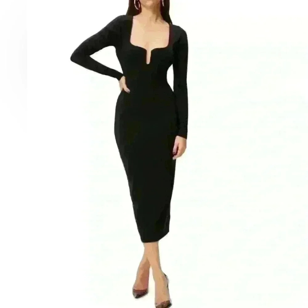NWT GOOD‎ AMERICAN Uneck Midi Bodycon Jersey Dress Size 0/XS